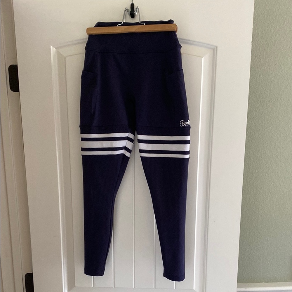 Bombshell Sportswear Navy Leggings with White Stripes - FOR WOMEN